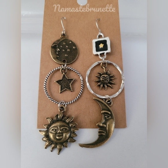 Metal Boho Celestial Sun Moon Star Dangle Earrings - Picture 16 of 17